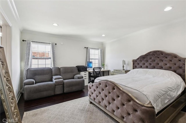 bedroom with recessed lighting, ornamental molding, and wood finished floors