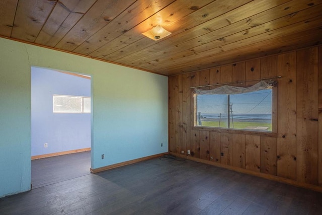 empty room with dark hardwood / wood-style flooring, wood ceiling, and wooden walls