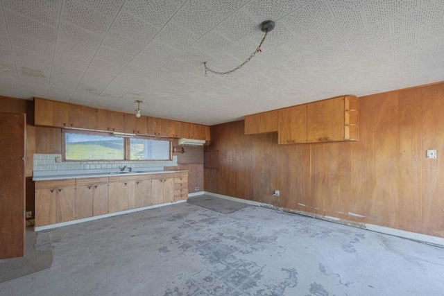 kitchen featuring sink and wood walls