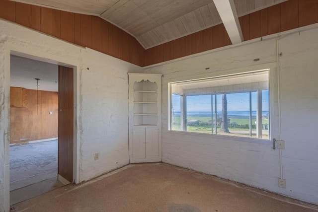 spare room featuring wood walls and lofted ceiling