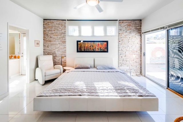 bedroom with ceiling fan, access to exterior, and light tile patterned floors