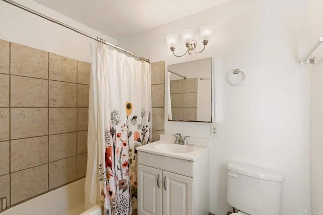 full bathroom featuring toilet, vanity, and shower / tub combo with curtain