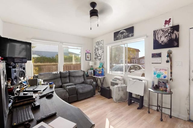 home office featuring a healthy amount of sunlight, light hardwood / wood-style flooring, and ceiling fan