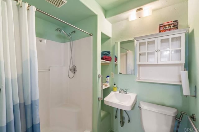 bathroom featuring sink, toilet, and a shower with shower curtain