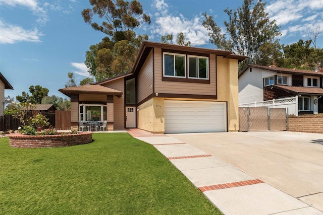 view of front of home with a garage, a patio, and a front lawn