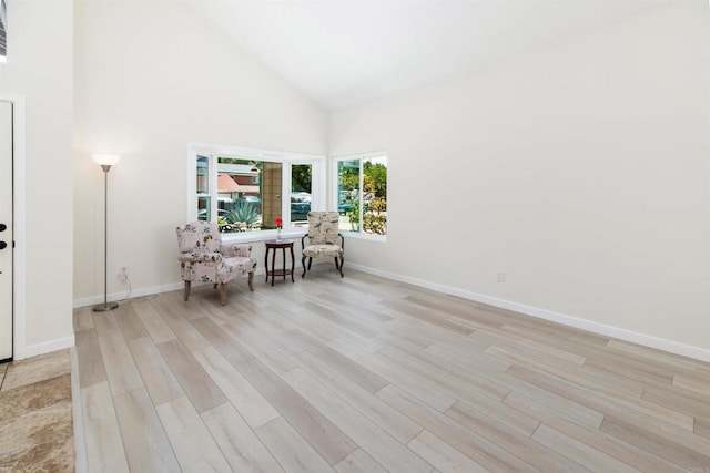 living area featuring high vaulted ceiling and light hardwood / wood-style flooring