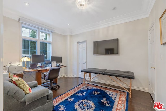 office with ornamental molding and dark hardwood / wood-style flooring