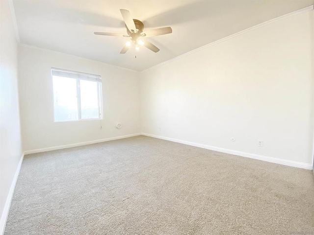 carpeted spare room featuring ceiling fan and crown molding