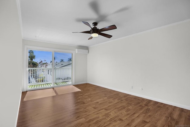 unfurnished room featuring hardwood / wood-style flooring, a wall unit AC, ceiling fan, and ornamental molding