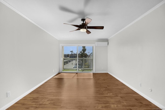 empty room with hardwood / wood-style flooring, a wall mounted AC, crown molding, and ceiling fan