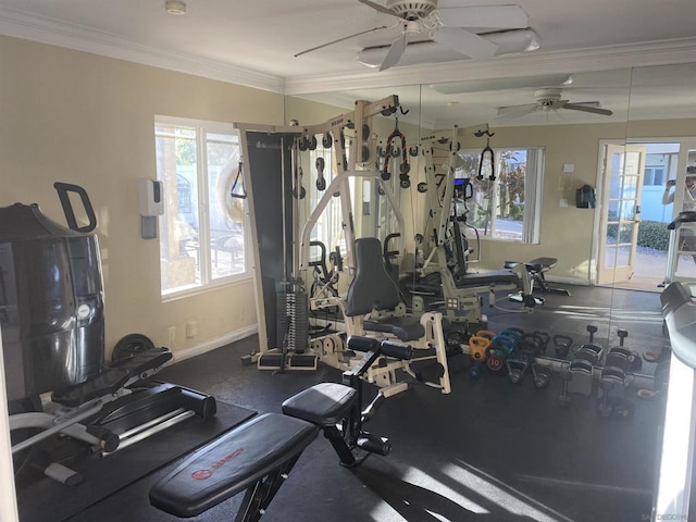 exercise room featuring ceiling fan and ornamental molding