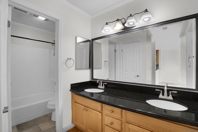 full bathroom featuring tile patterned floors, toilet, vanity, ornamental molding, and shower / bathtub combination