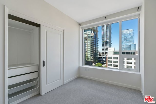 unfurnished bedroom with multiple windows, light colored carpet, and a closet