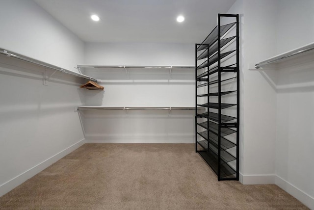 walk in closet with light colored carpet