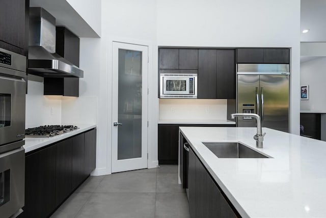 kitchen with sink, wall chimney range hood, and built in appliances