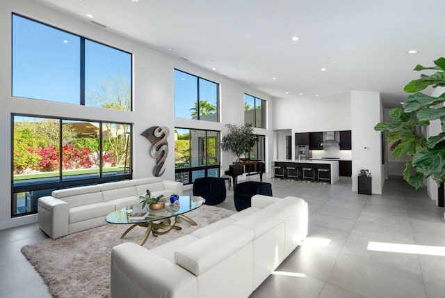 living room featuring a high ceiling