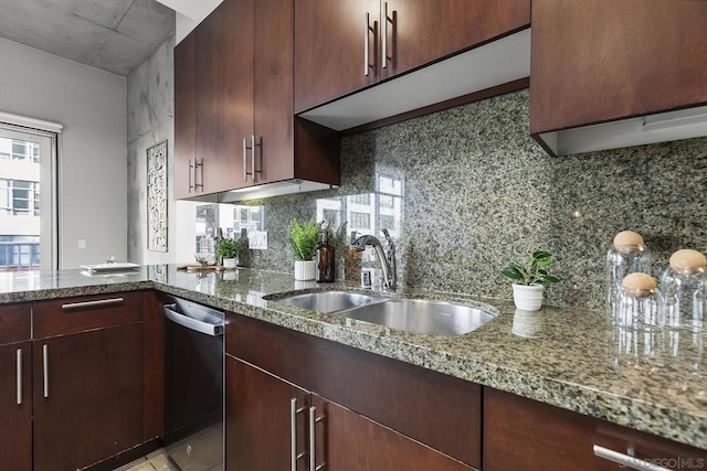 kitchen with sink, dishwasher, light stone counters, and decorative backsplash