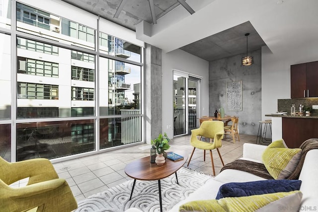 living room featuring light tile patterned floors