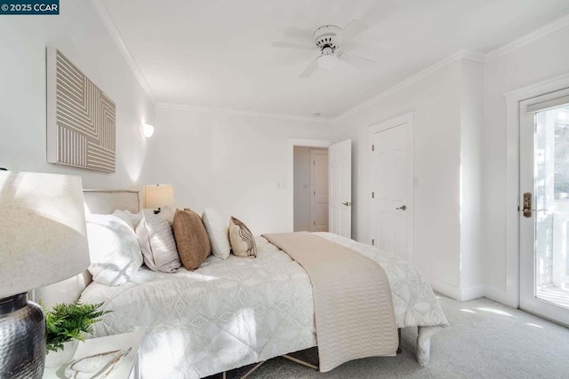 bedroom featuring ornamental molding, carpet, ceiling fan, and access to outside