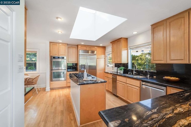 kitchen with sink, light wood-type flooring, a center island, and stainless steel appliances