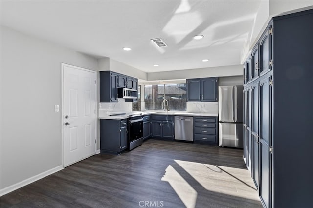 kitchen featuring tasteful backsplash, sink, dark wood-type flooring, and appliances with stainless steel finishes