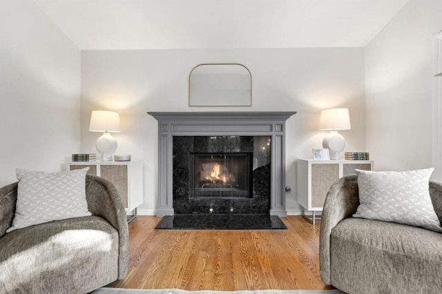 living room with a tiled fireplace and hardwood / wood-style floors