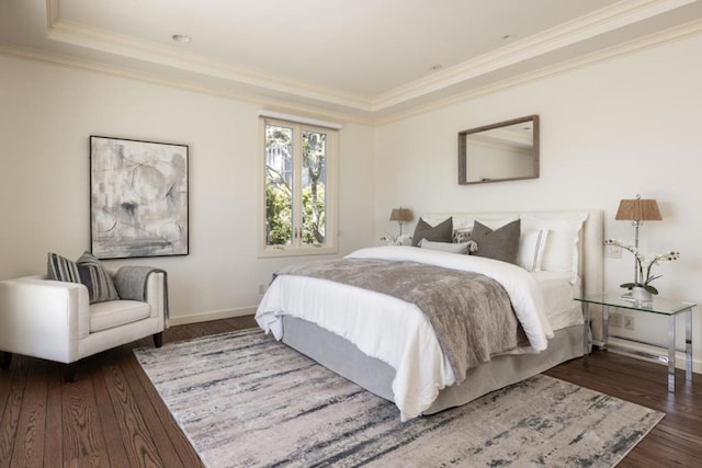 bedroom featuring ornamental molding and dark hardwood / wood-style floors