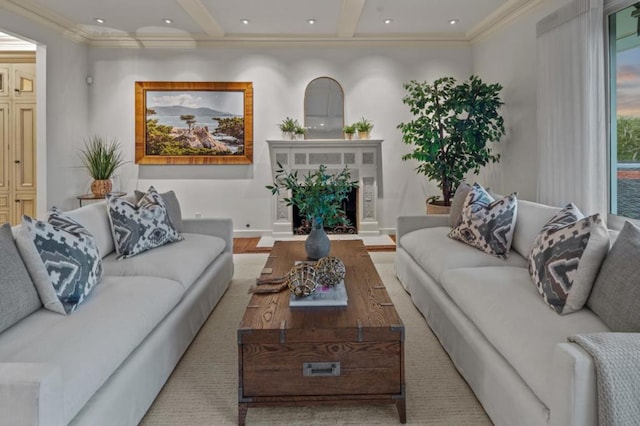 living room with crown molding, light hardwood / wood-style flooring, and a premium fireplace