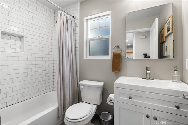 full bathroom with vanity, toilet, and shower / bathtub combination with curtain