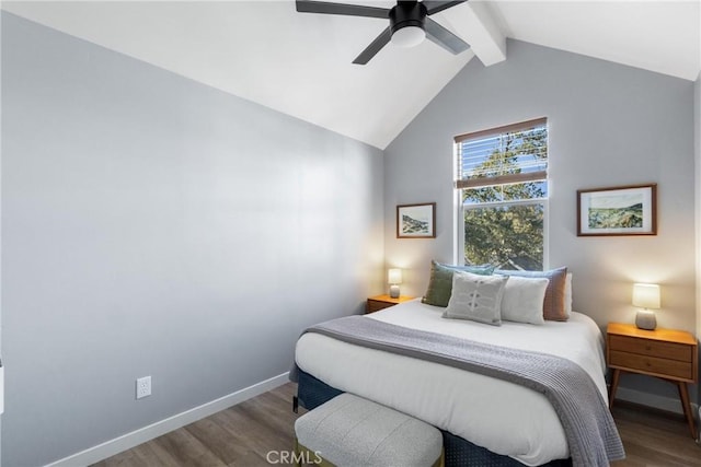 bedroom with lofted ceiling with beams, wood finished floors, a ceiling fan, and baseboards