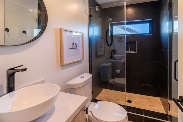 bathroom with sink, toilet, and walk in shower