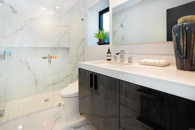 1095 Hoover St, Carlsbad, CA 92008 - full bathroom featuring toilet, vanity, a marble finish shower, and marble tiled flooring
