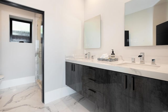 1095 Hoover St, Carlsbad, CA 92008 - full bath with marble look tile flooring, baseboards, double vanity, toilet, and a stall shower