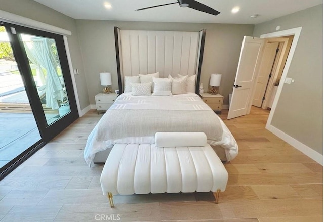 bedroom featuring light wood-type flooring, access to exterior, and ceiling fan