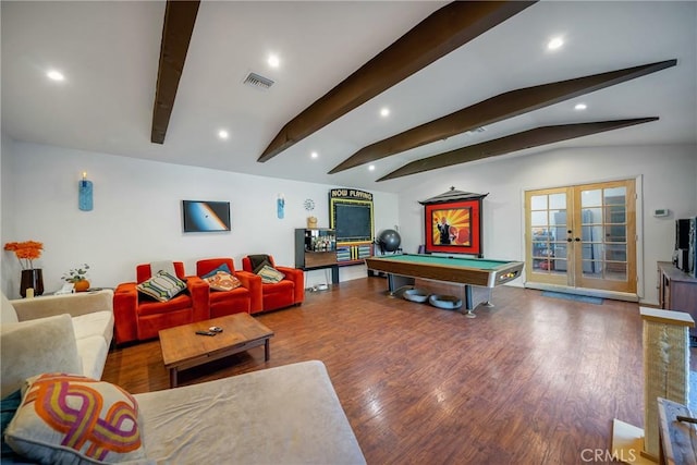 game room featuring hardwood / wood-style floors, pool table, lofted ceiling with beams, and french doors