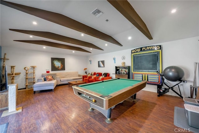 recreation room with wood-type flooring, pool table, and vaulted ceiling with beams