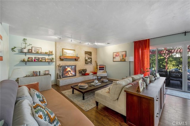 living room featuring a fireplace and dark wood-type flooring