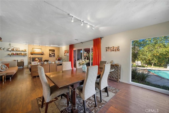 dining space with hardwood / wood-style flooring and track lighting