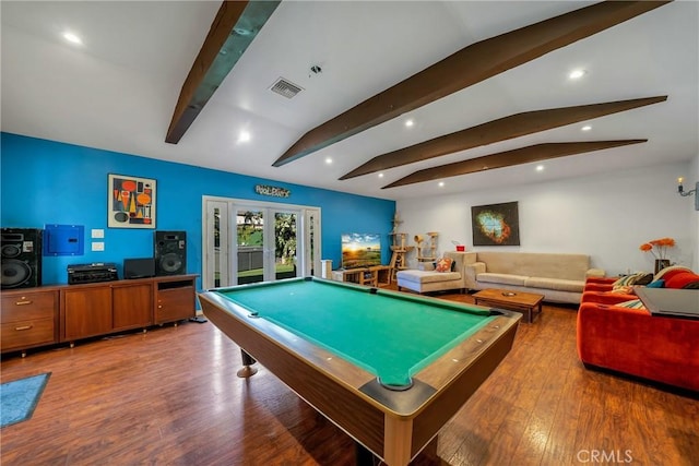 playroom featuring wood-type flooring, pool table, french doors, and vaulted ceiling with beams