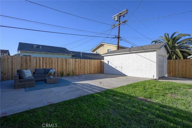 view of yard with an outdoor living space and a patio