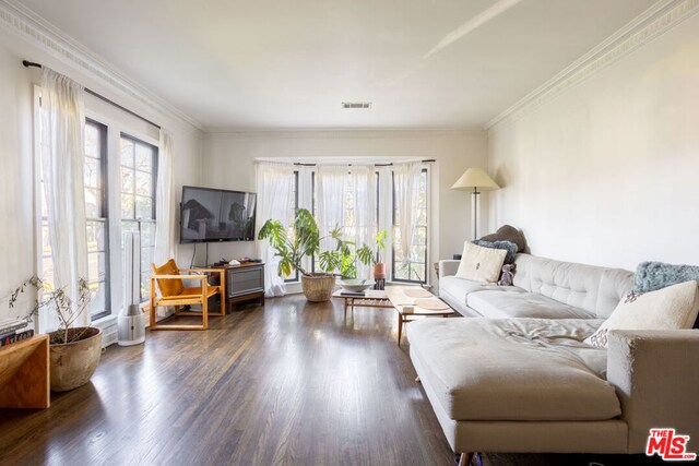 living room with ornamental molding, a wealth of natural light, and dark hardwood / wood-style flooring