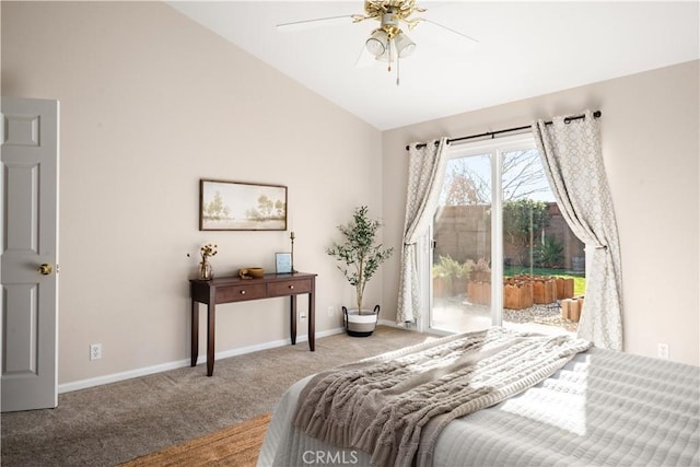 carpeted bedroom featuring ceiling fan and high vaulted ceiling