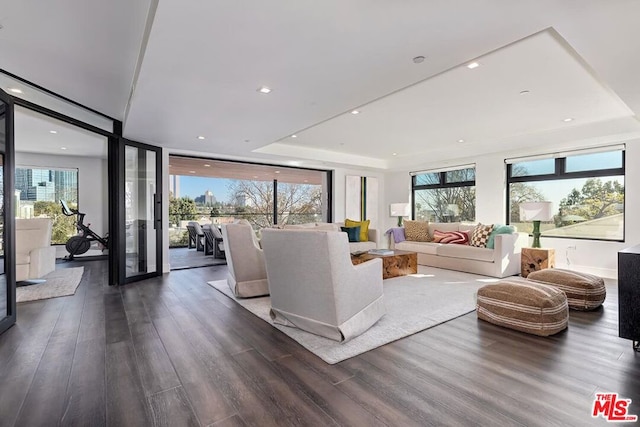 living room with a tray ceiling and dark hardwood / wood-style floors