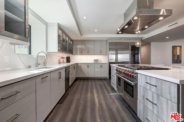 kitchen featuring sink, gray cabinetry, high quality appliances, extractor fan, and dark hardwood / wood-style flooring