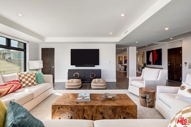 living room with a tray ceiling and light hardwood / wood-style flooring