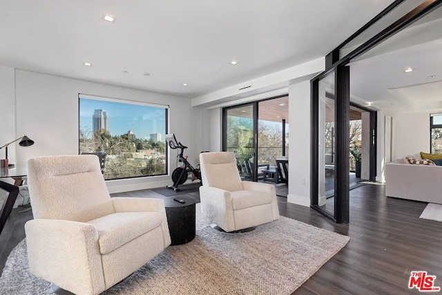 living room with dark hardwood / wood-style floors