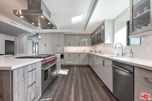 kitchen with ventilation hood, sink, gray cabinetry, stainless steel appliances, and dark wood-type flooring