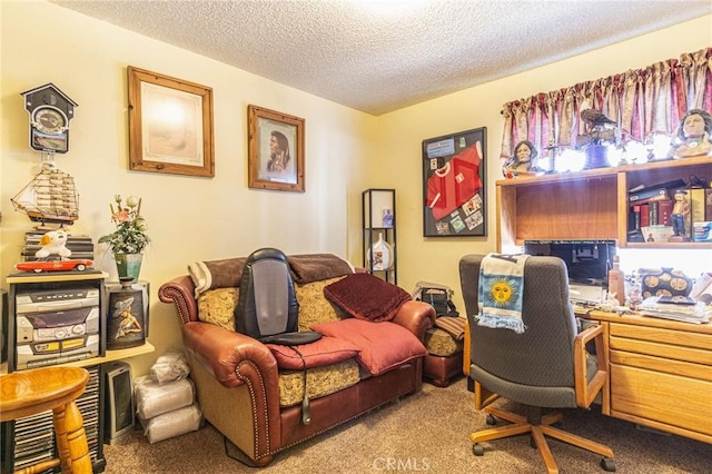 office area featuring carpet floors and a textured ceiling