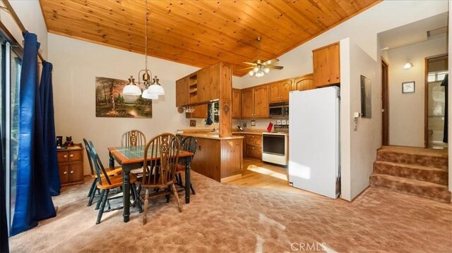 carpeted dining area with wooden ceiling, ceiling fan with notable chandelier, and vaulted ceiling