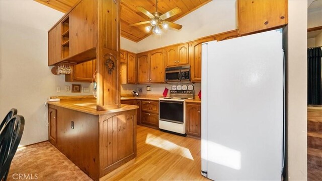 kitchen with white appliances, wooden ceiling, light hardwood / wood-style flooring, ceiling fan, and lofted ceiling